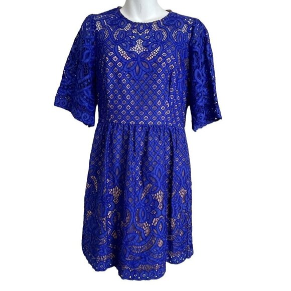 BCBGMaxazria Jillyan Larkspur Blue Lace Overlay Nude Lining Coquette Dress Sz 6 - Picture 3 of 9